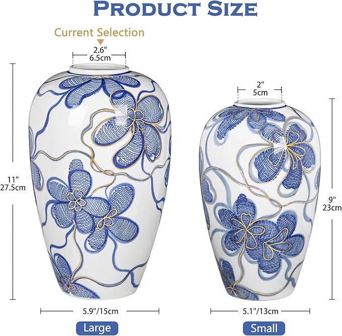 Blue and White Ceramic Vase for Home Decor – Hand-Painted Porcelain Flower Vase with Gold Accents – Chinoiserie-Inspired Home Decor Vase – 11" for Table, Shelf, or Mantel