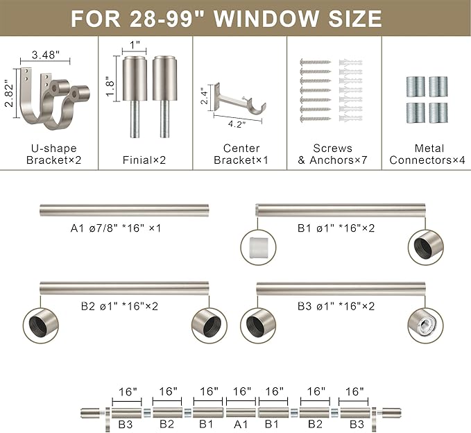 Curtain Rods for 28-99” Windows, Splicing Construction, 1” Adjustable Drapery Rod with Aluminum Alloy Brackets and Finials for Window, Sliding Door, Patio, Living Room Decoration, Brushed Nickel