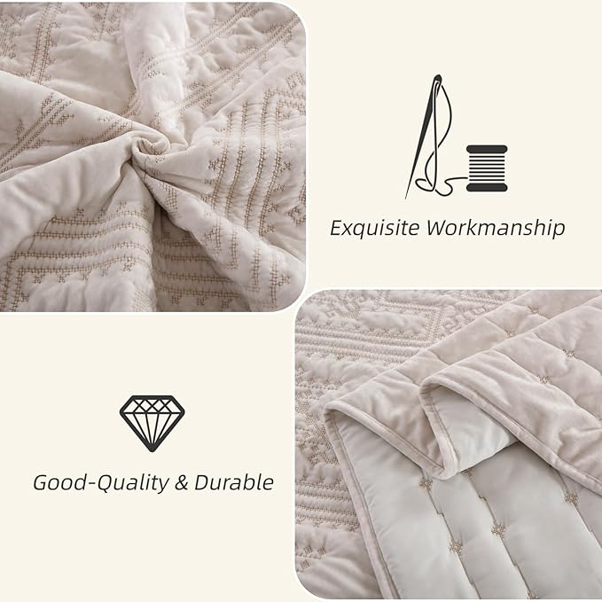 Yvooxny 3-Piece Quilt Set Queen Size Velvet Embroidery Quilted Bedspread Coverlet Set Bedding Set with Pillowcases for All Seasons, White, 98 * 90 Inches