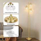 Gold Floor Lamp, Dimmable Tree Floor Lamps for Living Room Brass Tall Standing Lamp with 3 Rotatable Lights Glass Shade 66.5'' Modern Corner Lamp for Bedroom Office(3LED Bulbs Included)