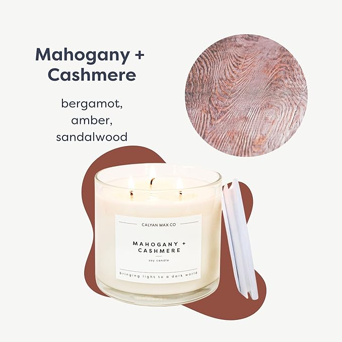 Calyan Wax Co. 3 Wick Candle, Mahogany & Cashmere Scented Candle, 43 Hour Burn Time, 3 Wick Soy Candles, Non Toxic & Vegan Soy Wax, Glass Jar Scented Candles, 14.9oz