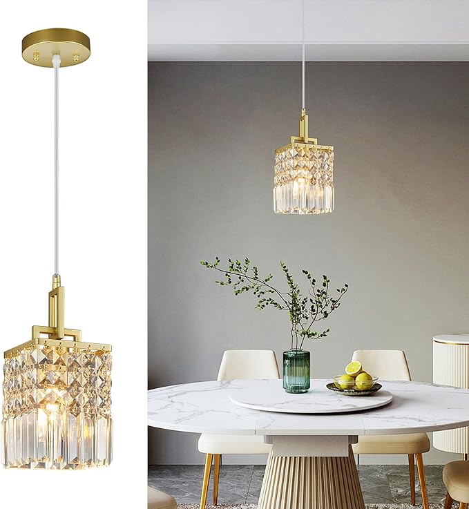 Modern Crystal Pendant Light Kitchen Island Farmhouse Lamp Adjustable Height Hanging Lighting Square Gold Chandelier Suitable for Kitchen Island Dining Room and Bedroom(1Pack)