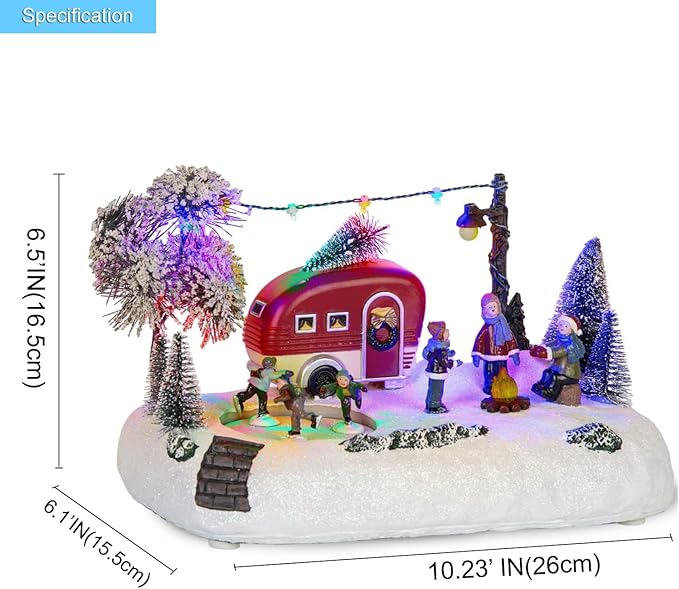 Animated Christmas Camper Village Building, Illuminated LED Light Christmas Village House Scene Holiday Collection Indoor Decorations for Table, Fireplace, and Shelf, Musical and Battery Operated