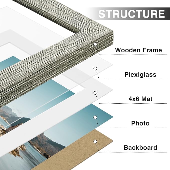 Vittanly 5x7 Picture Frames Set of 9, Shatter Resistant Plexiglass, Display 4x6 Pictures with Mat or 5x7 without Mat, Photo Frames for Wall or Tabletop, Engineered Wood, Grey