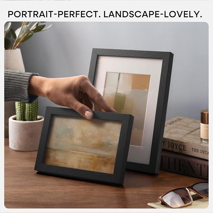 Homeforia 10x10 Picture Frame Black Wood, High-End Oak 10 x 10 Square Frames with Mat 8 by 8 Photo, 10by10 Wooden Frame Matted to 8x8 Print, Wall or Tabletop Frames, Tempered Glass, Wall Kit, Set of 1