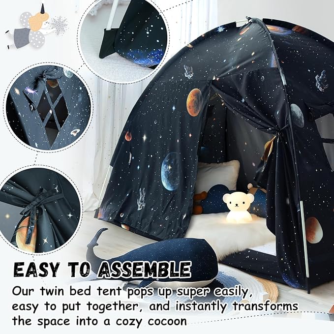 Sherilyn Twin Bed Canopy Tent, Canopy on Bed Privacy Space Sleeping Blackout Tents Bunk Bed Tent Twin Size (Galaxy Tent)