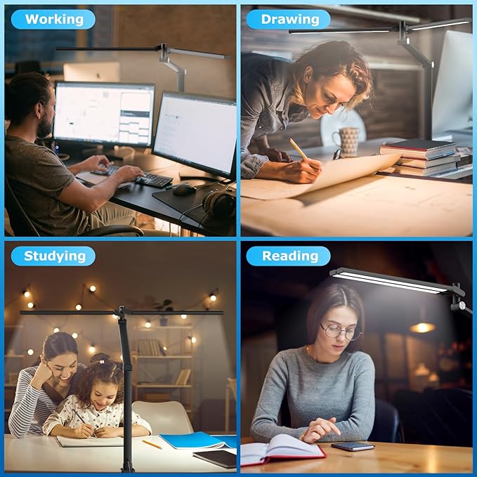 LED Desk Lamp for Home Office, Eye Caring Architect Desk Light with Remote, Dual Screen Computer Monitor Light with Stepless Dimming, Stepless Color Temp, Memory Function for Study, Dark Black