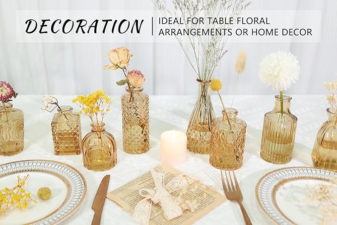 12pcs Glass Bud Vase Set, Small Gold Amber Flower Vases for Centerpieces in Bulk, Mini Vintage Vase for Wedding, Home,Table Decoration