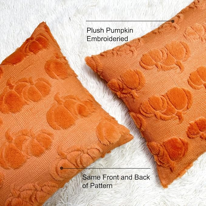 Booque Valley Pumpkin Pillow Covers Set of 2 Soft Plush Faux Fur Wool Fall Decorative Throw Pillowcases for Halloween Autumn Farmhouse Home Decor, 20 x 20 inch, Orange