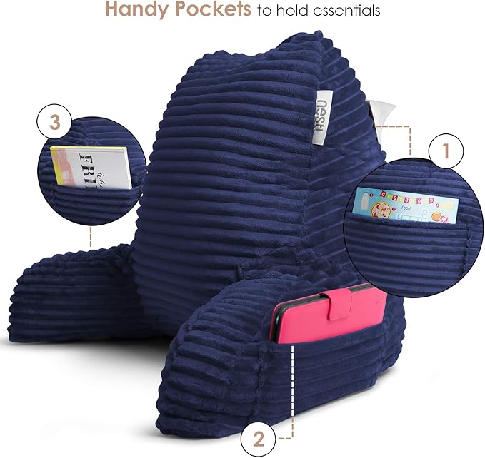 Nestl Reading Pillow with Portable Lap Desk Stand for Laptop 22x14”, Cut Plush Striped Back Pillow, Back Support Pillow, Shredded Memory Foam Bed Rest Pillow with Arms for Kids & Teens, Medium - Navy