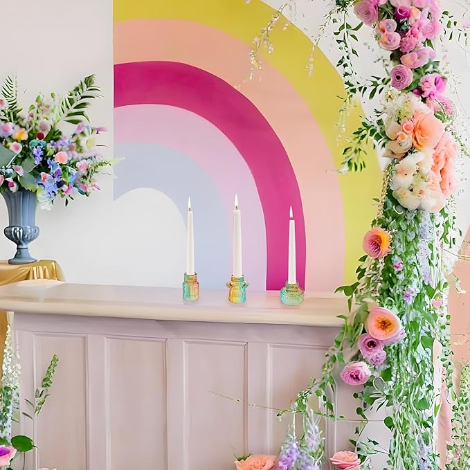 Double Sided Vintage Ribbed Taper Glass Candle Holders,Tea Candle Holder for Table Centerpieces, Wedding Decorations and Dinner Parties (Rainbow, 3 PCS)