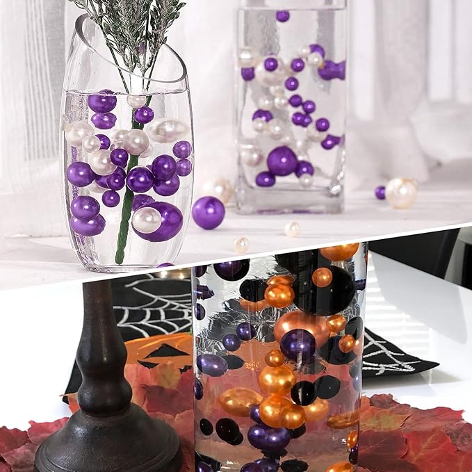 200PCS Purple White Faux Pearls Beads for Centerpiece Vases, Vase Filler Faux Pearls, No Holes Filler Beads for Party Anniversary Birthday Wedding Table Decor, 10/14/20/30mm