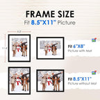 FIXSMITH 8.5x11 Picture Frame Set of 4, Photo Frame with HD Plexiglass, Display Pictures 6x8 with Mat or 8.5x11 Without Mat, Black Picture Frames Collage Wall Decor, Gallery Wall Frame