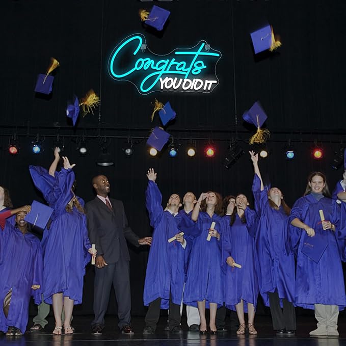 WLHOPE Congrats You Did It Neon Sign Graduation Decorations 2025 16.5'' x 8.9'' Adjustable Blue White LED lights for Party College High School Class Graduation Gifts