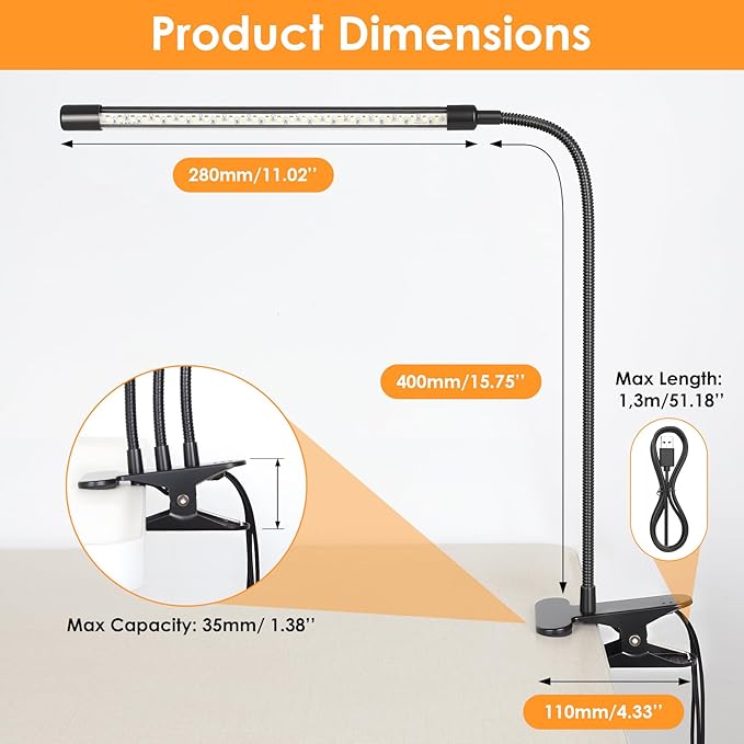 ShineTech 3-Head LED Desk Lamp with Clamp, Eye-Caring Clip-on Light for Home Office, 4 Color Modes & 6 Brightness Levels, 360° Flexible Gooseneck Desk Lights for Dorm Room, Reading, Nail, Black