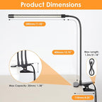 ShineTech 3-Head LED Desk Lamp with Clamp, Eye-Caring Clip-on Light for Home Office, 4 Color Modes & 6 Brightness Levels, 360° Flexible Gooseneck Desk Lights for Dorm Room, Reading, Nail, Black