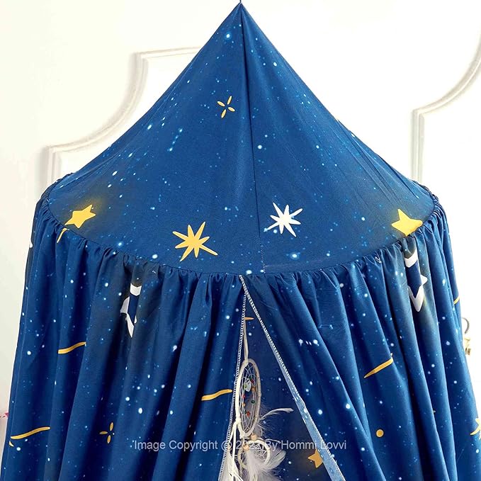 Stars Moon Print Kids Bed Canopy, Girls Princess Canopy Dreamy Room Decor, Soft Hanging Reading Nook Play Tent Canopy, Extra Large Full Size Bed Canopy with String Light