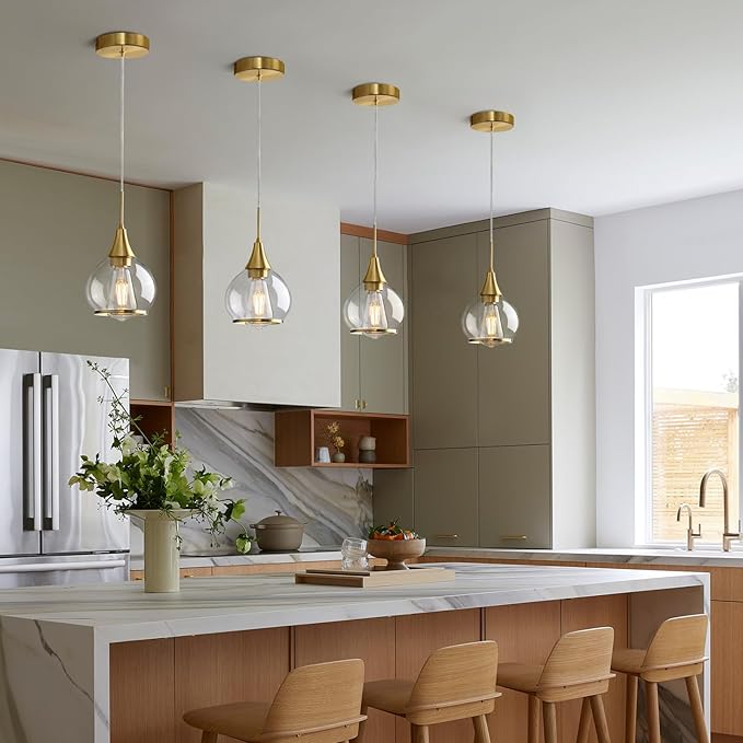 Pendant Light Fixtures Kitchen: Brushed Gold Farmhouse Island Light with Clear Glass - 6 Inch Mid Century Globe Kitchen Lighting Chandeliers Ceiling for Dining Room