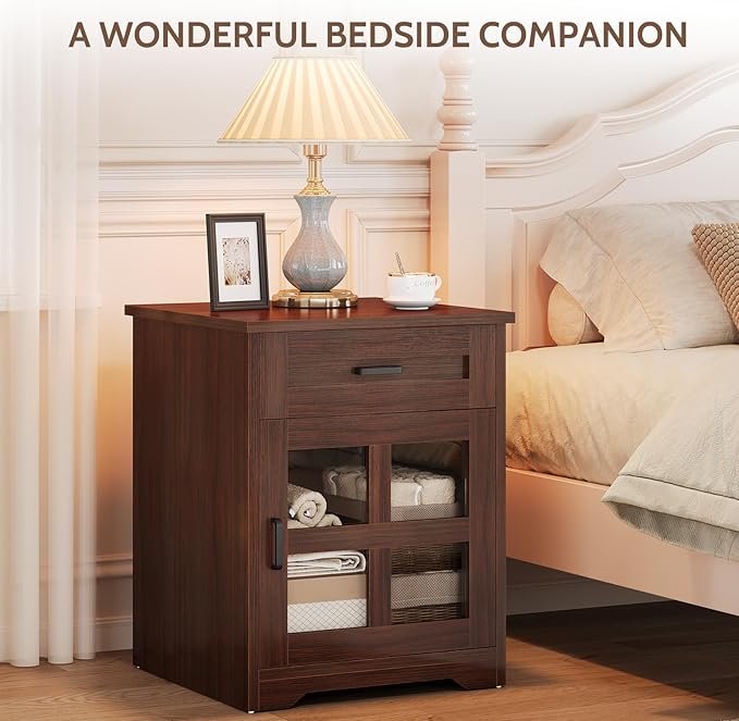 Farmhouse End Table Set of 2 with Drawer, 18" Large Side Table with Storage Cabinet and Acrylic Door, Wood Nightstand Bedside Table for Living Room, Bedroom, Espresso