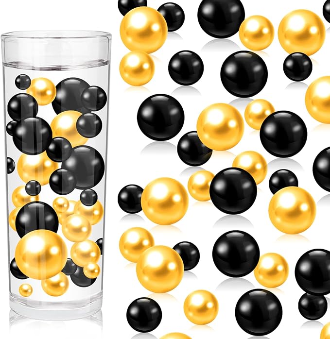 200PCS Black Gold Faux Pearls Beads for Centerpiece Vases, Vase Filler Faux Pearls, No Holes Filler Beads for Party Anniversary Birthday Wedding Table Decor, 10/14/20/30mm