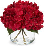 Hollyone Hydrangea Artificial Flowers in Vase Red Silk Fall Fake Flowers Arrangements with Glass Vase with Faux Water Faux Floral Bulk Bouquet for Office Table Centerpiece Shelf Home Decorations