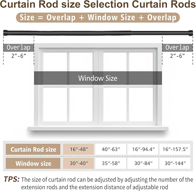 Set of 2 Black Curtain Rod 16-48 Inch Adjustable Metal Rods Small Windows Bedroom Bathroom Easy Mount Brackets Complete Hardware Set Room