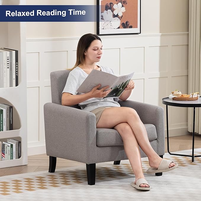 Accent Chairs Set of 2, Mid Century Modern Living Room Chairs Comfy Reading Chair with Upholstered Cushion Relax Armchair for Bedroom Apartment,Office,Light Grey