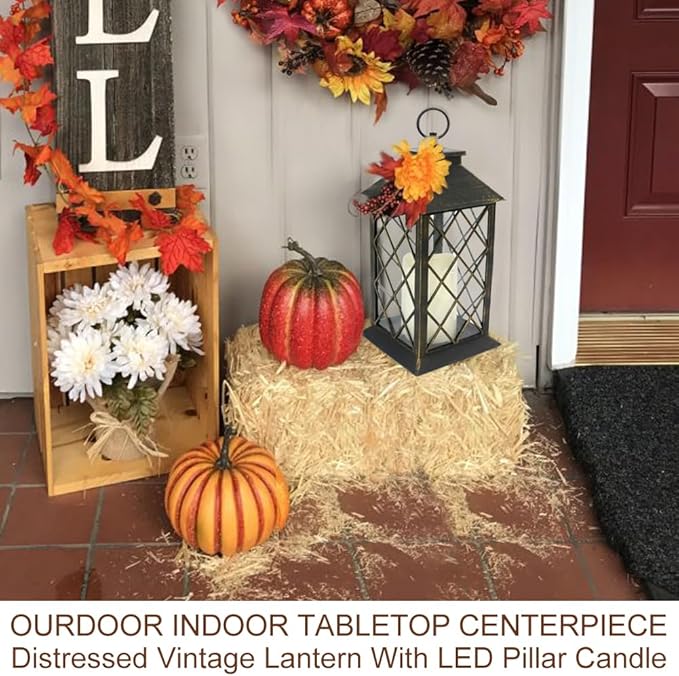 Bright Zeal 13.5" Outdoor Candle Lantern Decorative with LED Pillar Candle Battery Powered (Distressed Gold, 6hr Timer) - IP44 Waterproof Decorative Tabletop Lanterns Hanging Lanterns Indoor Outdoor