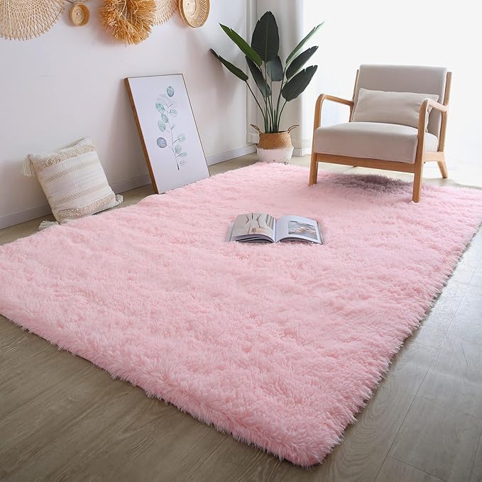 Pink Area Rug for Bedroom 6x9: Pink Rugs for Girls Room - Soft Fuzzy Plush Rugs for Living Room, Non-Slip Modern Nursery Faux Fur Carpet for Kids Room Dorm Decor