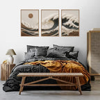 HLNIUC Sea Wave Framed Canvas Wall Art,Abstract Sun Seascape Wall Decor Set of 3(16”x24”) Large Modern Ocean Beach Art Print,Great Wave Sunset Pictures Canvas Famed Painting for Living Room,Bedroom