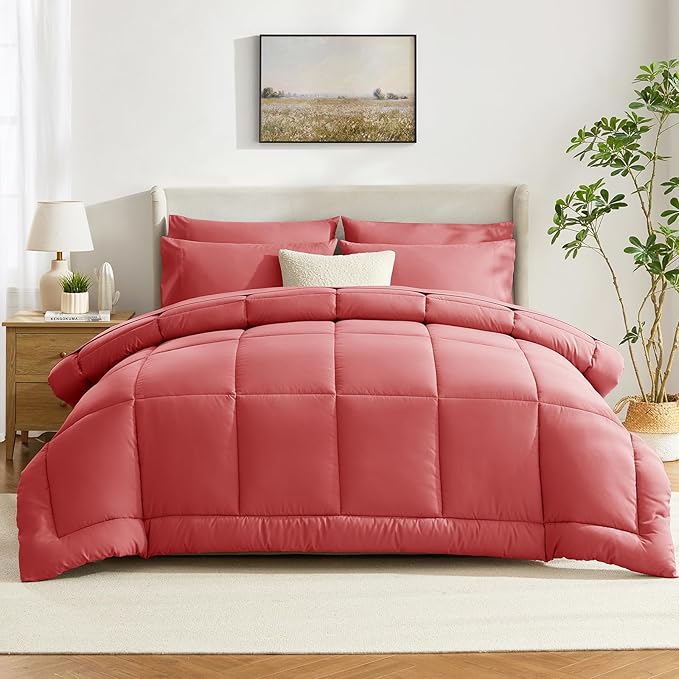 CozyLux King Size Comforter Set Coral, 7 Pieces Bed in a Bag, Coral Comforter King Size, All Season Bedding Sets with Stitch Quilted Comforter, Flat Sheet, Fitted Sheet, Pillowcases
