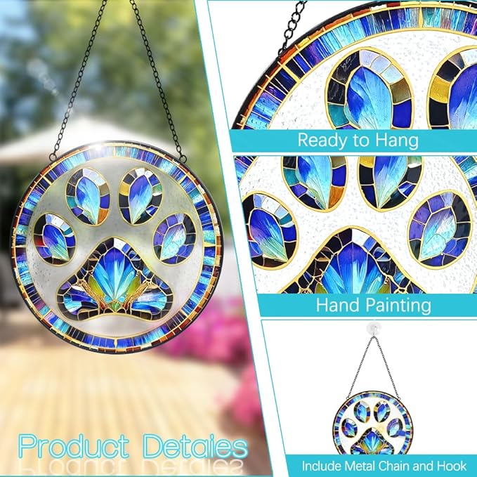 Paw Print Suncatcher Stained Glass Window Hanging - 8” Paw Print Stained Glass Suncatchers for Windows - Sun Catchers Indoor Window Catcher with Hooks and Chain - Dog Memorial Gifts for Mom Grandma
