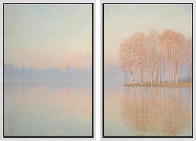 SIGNFORD Framed Canvas Print Wall Art Set Pastel Lake Landscape Serene Sunrise Water Reflection Illustration Modern Art Decorative Nordic Nature for Living Room, Bedroom, Office - 16"x24"x2 White