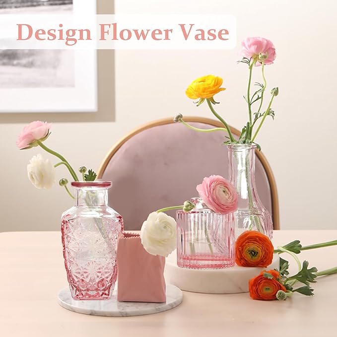 BEAHOT 22 Pack Pink Flower Vase in Bulk,Mini Vintage Glass Bud Vases for Centerpieces,Wedding Decor,Party & Home Decaration,Mother's Day (Pink)