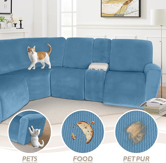 Arfntevss Sectional Recliner Couch Covers Velvet Washable Corner Sectional Sofa Cover for Reclining Stretch Soft Thick L Shape Recliner Slipcover Set (5 Seat with 1 Console Cover, Light Blue)