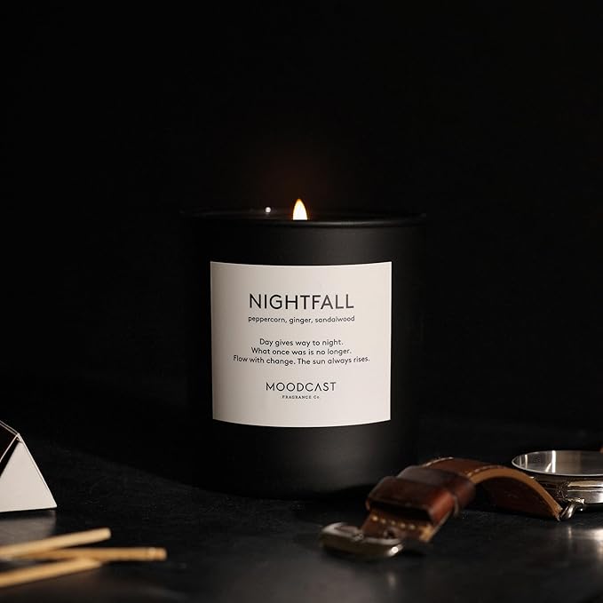 Moodcast Nightfall Scented Candle – Aesthetic Candle for Home, Peppercorn, Ginger & Sandalwood, Clean Coco Wax Blend, Vegan, Paraben-Free, 45-Hour Long Lasting Burn – 8oz