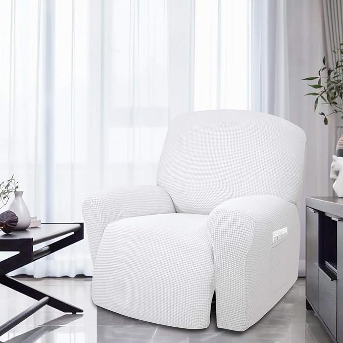 Easy-Going 4 Pieces Oversized Recliner Stretch Sofa Slipcover Sofa Cover Furniture Protector Couch Soft with Elastic Bottom Polyester Spandex Jacquard Fabric Small Checks Snow White, X-Large