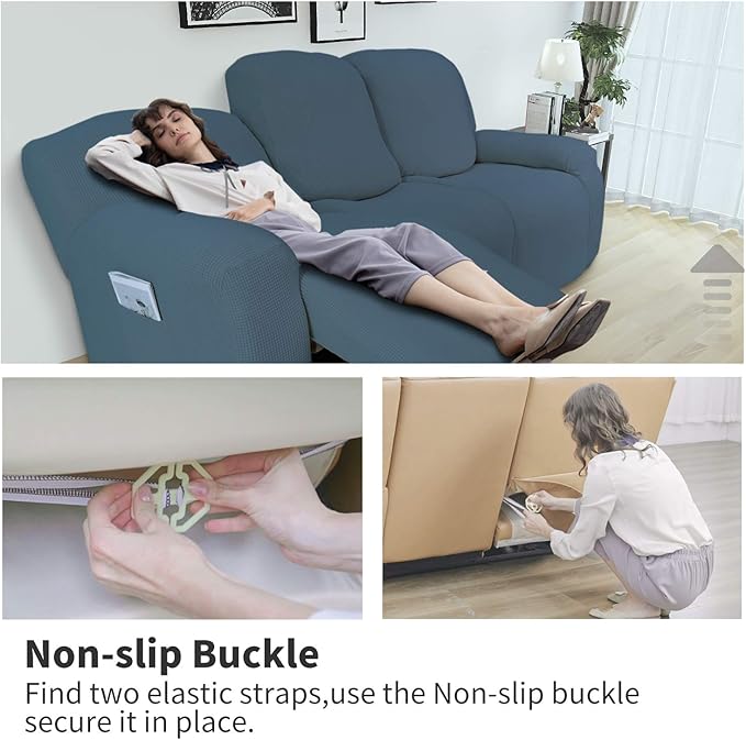 Easy-Going 8 Pieces Recliner Sofa Stretch Sofa Slipcover Sofa Cover Furniture Protector Couch Soft with Elastic Bottom Kids, Spandex Jacquard Fabric Small Checks Bluestone