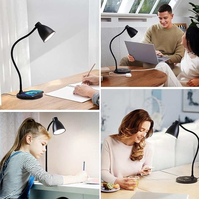 BOHON Desk Lamp for Home Office, LED Desk Light with USB C+A Charging Ports, Wireless Charger, 5 Colors Stepless Dimming Reading Light Timer, Touch Bedside Table Lamp for College Dorm Room Black