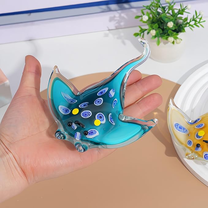 Crystal Ray Fish Figurine Hand Blown Glass Manta Ray Statue Collectibles Ocean Art Sea Animal Home Table Decor Gift Green 4.9''