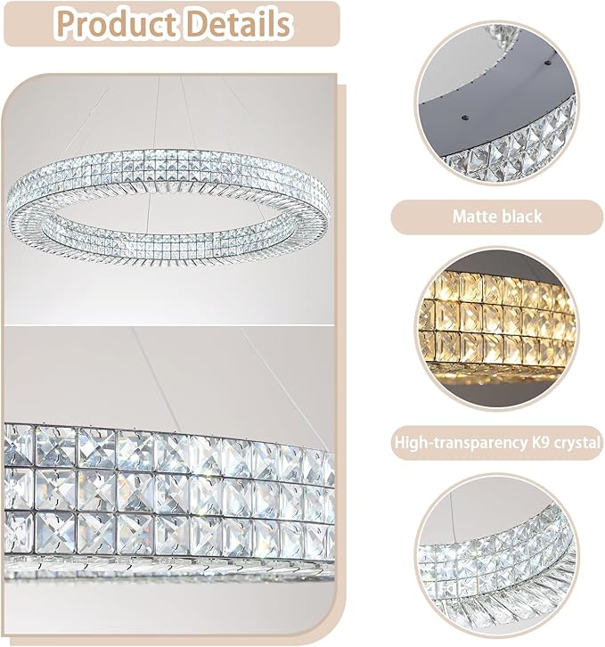 Dia 40" Modern Chandelier Ring Crystal Chandelier Adjustable Height Luxury Crystal Pendant Ceiling Light Fixture for Dining Living Room Bedroom