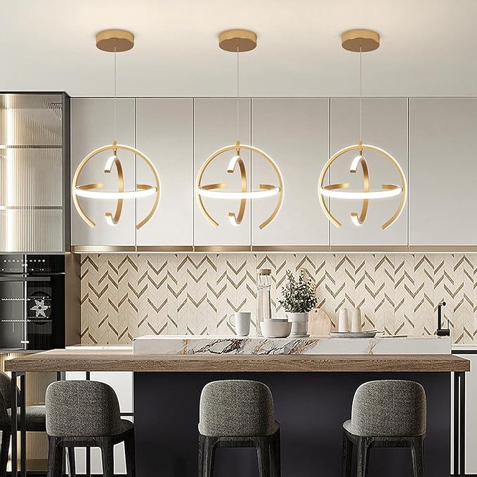 Modern Gold LED Chandelier, Dimmable Metal Brushed Globe Pendant Lights, Hanging Ceiling Light Fixture for Kitchen Island Living Room Room Dining Bedroom Hallway Entryway Foyer 13 Inchs