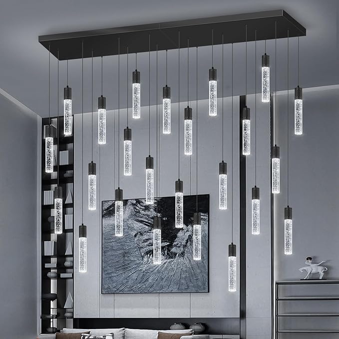 24-Lights Modern Crystal Chandeliers LED Pendant Light for Kitchen Island Dining Room Entrance Foyer Living Room 6000K Black