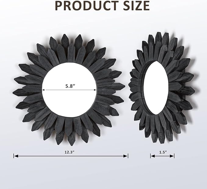 Honiway Boho Wall Decor Mirrors for Wall 2 Pack 12 inch Wood Decorative Mirror for Room Decor Rustic Farmhouse Mirror for Bedroom Bathroom Living Room Kitchen Black