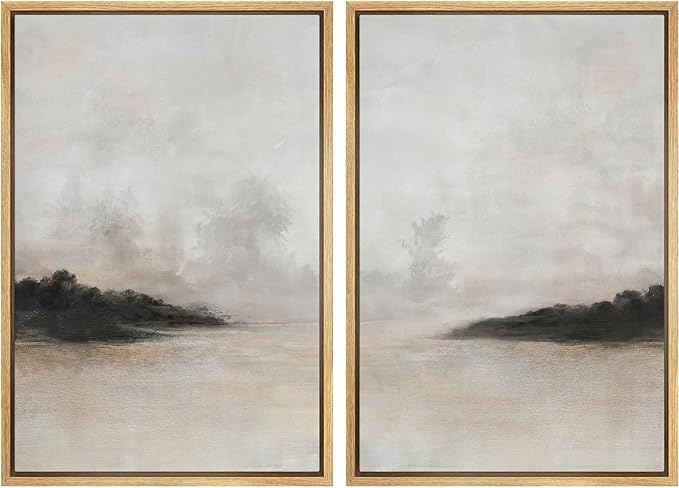 SIGNFORD Framed Canvas Print Wall Art Set Misty Horizon Soft Neutral Toned Landscape Illustration Modern Art Decorative Nordic Nature for Living Room, Bedroom, Office - 16"x24"x2 Natural