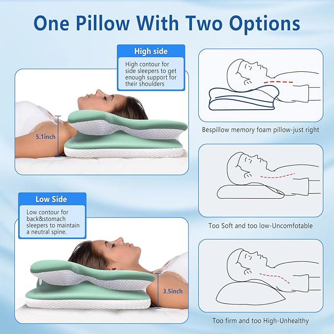 Cervical Neck Pillow for Pain Relief, Contour Memory Foam Pillow with Ice Silk Pillowcase, Neck Support Pillows, Ergonomic Orthopedic Pillow for Back, Side, Stomach Sleepers (Green)