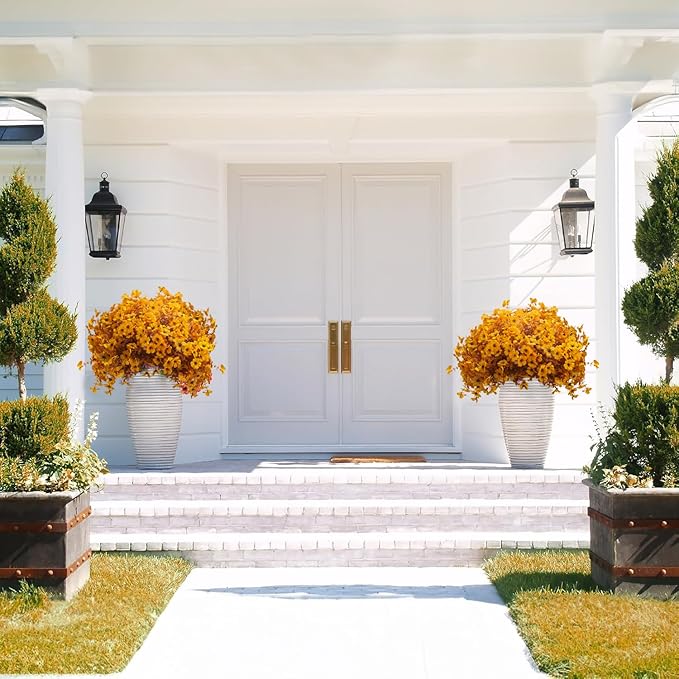 16 Bundles Artificial Fall Mums Outdoor UV Resistant, Fake Silk Plants No Fade Faux Greenery for Garden Porch Patio - Autumn Thanksgiving Christmas Home Decor (Fall Yellow)