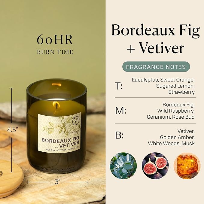 Paddywax Eco Collection Scented Soy Wax Candle in Glass Jar, Bordeaux Fig & Vetiver Fragrance, Green Vessel with Wood Lid, 8 oz