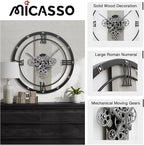 Micasso 24 inch Large Real Moving Gears Wall Clock: Black Industrial Steampunk Roman Numeral Clock - Modern Wall Decor for Living Room/Entryway/Office