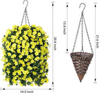 HyeFlora Artificial Fake Hanging Outdoor Flowers Plants Basket, Faux Silk Yellow Orchid Flowers UV Resistant Realistic Hanging Planter for Outside Porch Patio Home Garden Yard Decoration